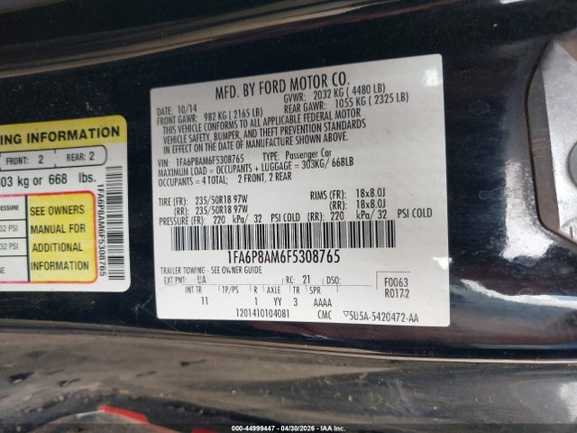 Продаж на аукціоні авто 2015 Ford Mustang V6, vin: 1FA6P8AM6F5308765, номер лоту: 44999447