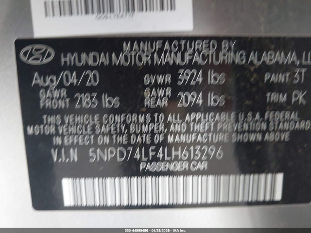 Aukcja sprzedaży 2020 Hyundai Elantra Se, vin: 5NPD74LF4LH613296, numer aukcji: 44999450