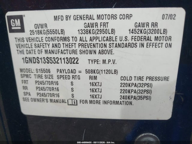 Aukcja sprzedaży 2003 Chevrolet Trailblazer Ls, vin: 1GNDS13S532113022, numer aukcji: 44999455