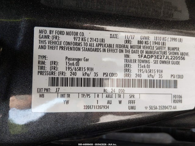 44999458 :رقم المزاد ، 1FADP3E27JL220556 vin ، 2018 Ford Focus S مزاد بيع