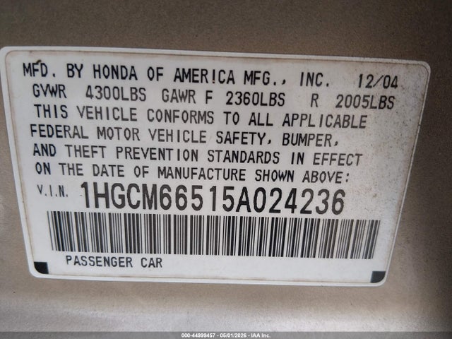 2005 Honda Accord 3.0 Ex მანქანა იყიდება აუქციონზე, vin: 1HGCM66515A024236, აუქციონის ნომერი: 44999457