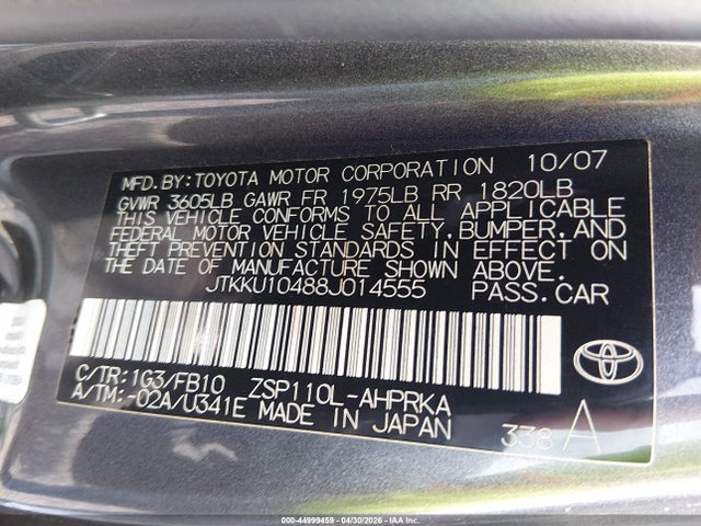 44999459 :رقم المزاد ، JTKKU10488J014555 vin ، 2008 Scion Xd مزاد بيع