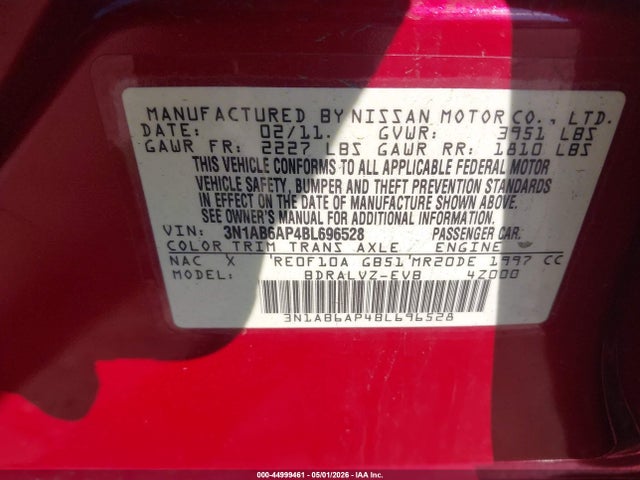 2011 Nissan Sentra 2.0sl მანქანა იყიდება აუქციონზე, vin: 3N1AB6AP4BL696528, აუქციონის ნომერი: 44999461