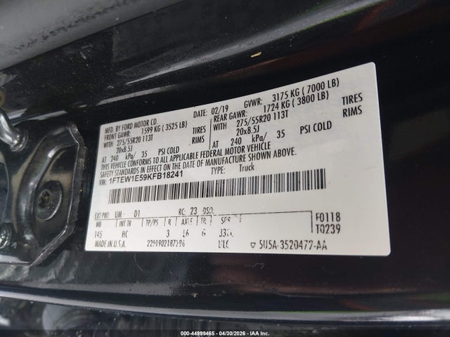 Продаж на аукціоні авто 2019 Ford F-150 Lariat, vin: 1FTEW1E59KFB18241, номер лоту: 44999465