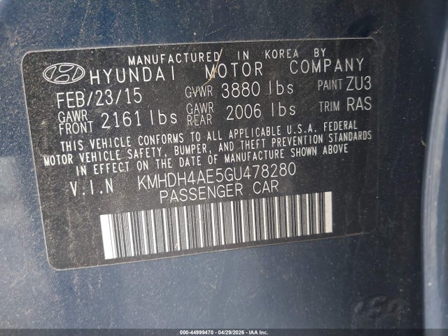 2016 Hyundai Elantra Se მანქანა იყიდება აუქციონზე, vin: KMHDH4AE5GU478280, აუქციონის ნომერი: 44999470