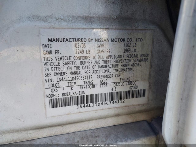 Aukcja sprzedaży 2005 Nissan Altima 2.5 S, vin: 1N4AL11D45C334112, numer aukcji: 44999471