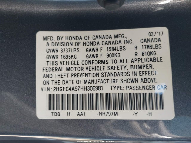 Aukcja sprzedaży 2017 Honda Civic Lx, vin: 2HGFC4A57HH306981, numer aukcji: 44999473