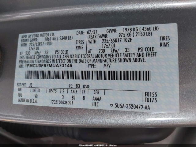 1FMCU0F67MUA73146 Ford ESCAPE S
