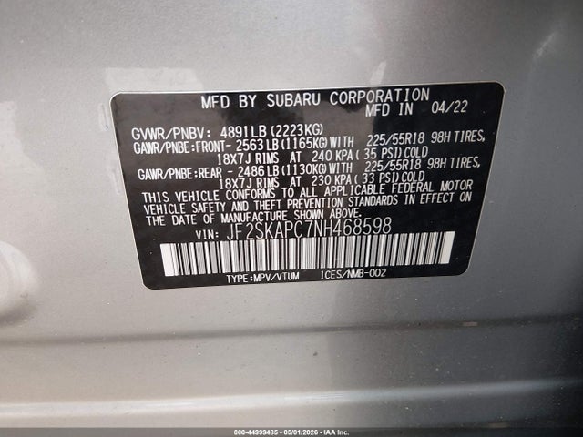 2022 Subaru Forester Limited მანქანა იყიდება აუქციონზე, vin: JF2SKAPC7NH468598, აუქციონის ნომერი: 44999485