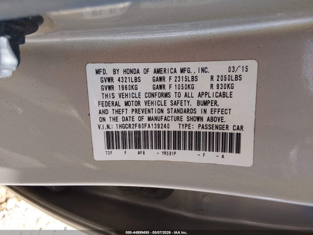 44999495 :رقم المزاد ، 1HGCR2F80FA139240 vin ، 2015 Honda Accord Ex-l مزاد بيع