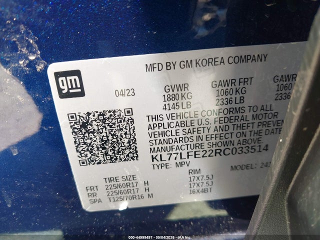 Aukcja sprzedaży 2024 Chevrolet Trax Fwd Sp, vin: KL77LFE22RC033514, numer aukcji: 44999497