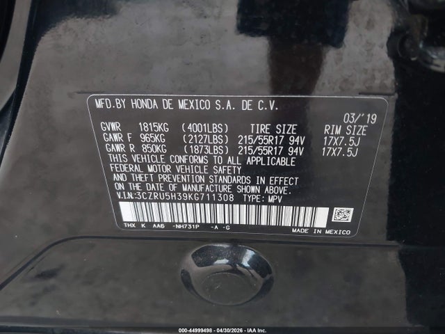 44999498 :رقم المزاد ، 3CZRU5H39KG711308 vin ، 2019 Honda Hr-v Lx مزاد بيع