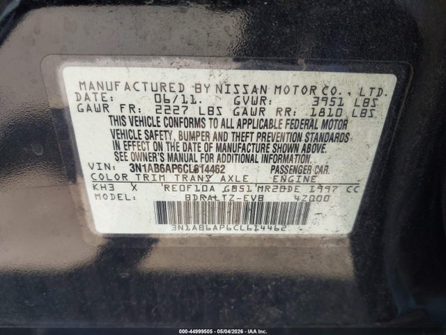 Aukcja sprzedaży 2012 Nissan Sentra 2.0 Sr, vin: 3N1AB6AP6CL614462, numer aukcji: 44999505