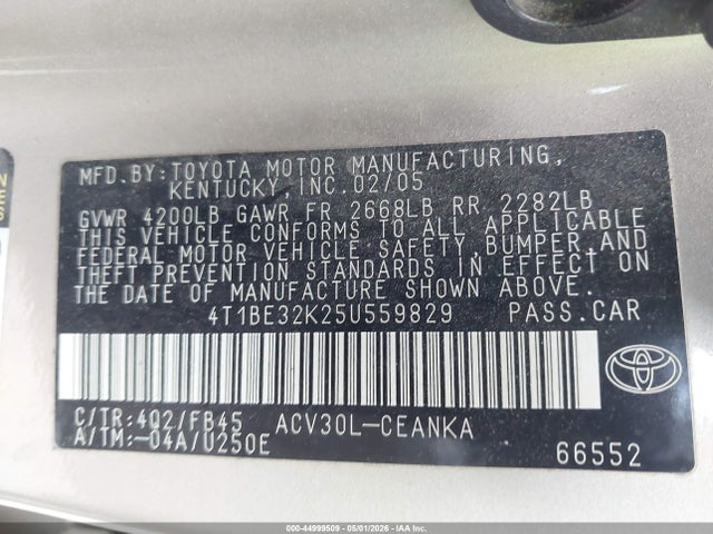 44999509 :رقم المزاد ، 4T1BE32K25U559829 vin ، 2005 Toyota Camry Le مزاد بيع