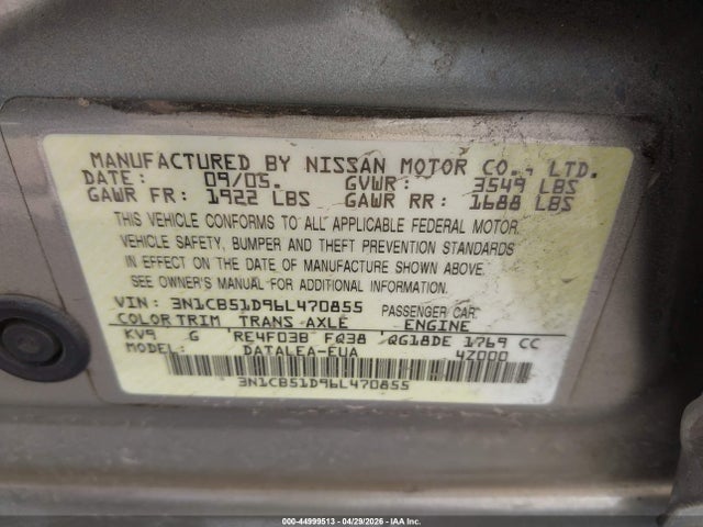 Aukcja sprzedaży 2006 Nissan Sentra 1.8s, vin: 3N1CB51D96L470855, numer aukcji: 44999513