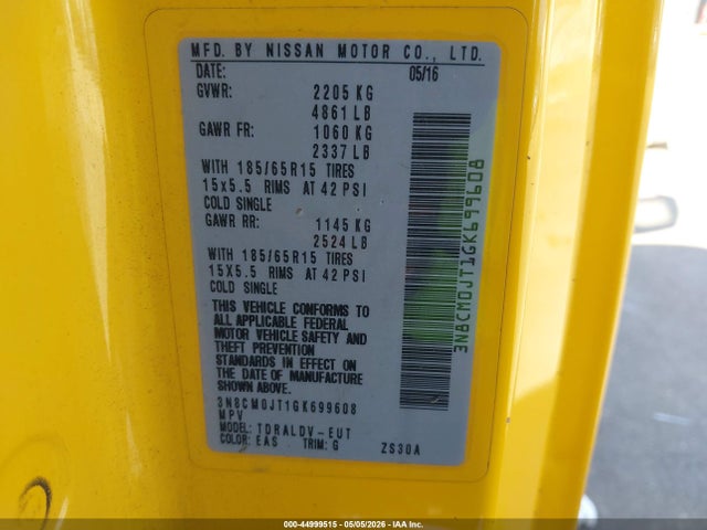 Aukcja sprzedaży 2016 Nissan Nv200 Taxi, vin: 3N8CM0JT1GK699608, numer aukcji: 44999515