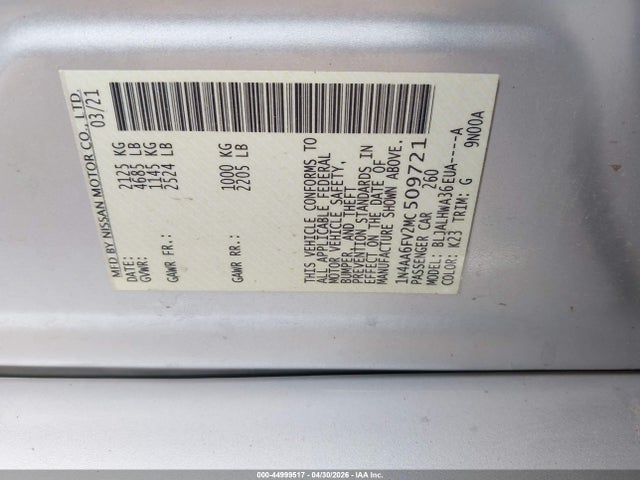 2021 Nissan Maxima Platinum Xtronic Cvt მანქანა იყიდება აუქციონზე, vin: 1N4AA6FV2MC509721, აუქციონის ნომერი: 44999517