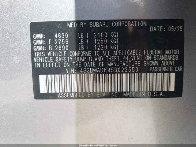 Auction sale of the 2025 Subaru Legacy Premium, vin: 4S3BWAD69S3023550, lot number: 44999524