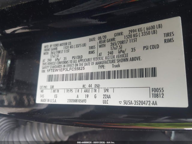 44999528 :رقم المزاد ، 1FTEW1EP3LFC55825 vin ، 2020 Ford F-150 Xl مزاد بيع
