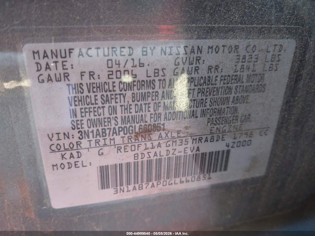 2016 Nissan Sentra Sv მანქანა იყიდება აუქციონზე, vin: 3N1AB7AP0GL660851, აუქციონის ნომერი: 44999540