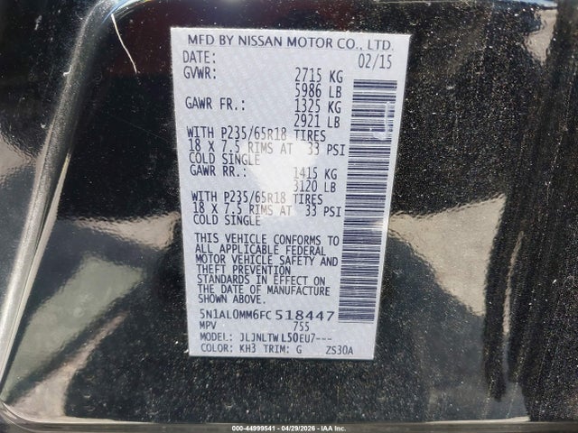 Aukcja sprzedaży 2015 Infiniti Qx60, vin: 5N1AL0MM6FC518447, numer aukcji: 44999541