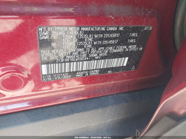 2020 Toyota Rav4 Xle მანქანა იყიდება აუქციონზე, vin: 2T3P1RFV6LW126544, აუქციონის ნომერი: 44999544