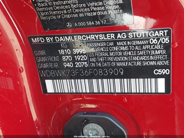 2006 Mercedes-benz Slk 55 Amg მანქანა იყიდება აუქციონზე, vin: WDBWK73F36F083909, აუქციონის ნომერი: 44999553