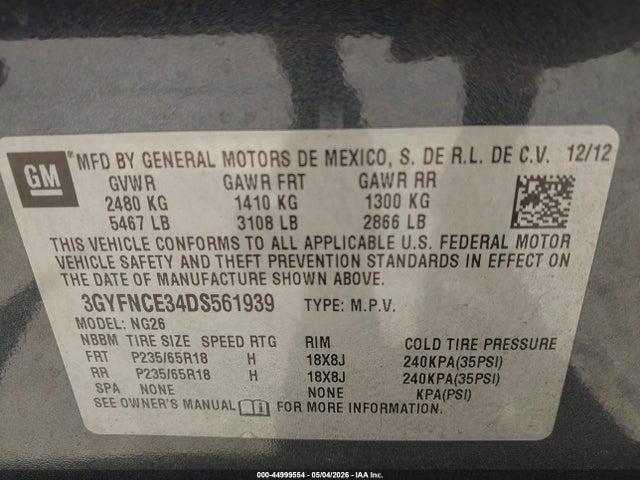 44999554 :رقم المزاد ، 3GYFNCE34DS561939 vin ، 2013 Cadillac Srx Luxury Collection مزاد بيع