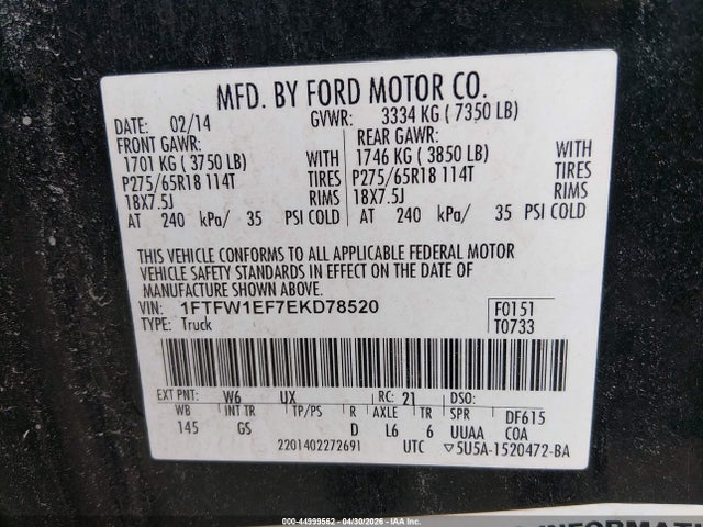 1FTFW1EF7EKD78520 Ford F-150 Xlt