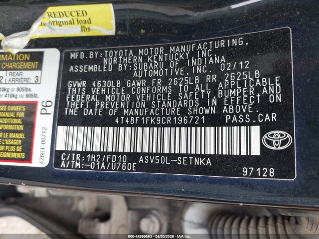 44999563 :رقم المزاد ، 4T4BF1FK9CR196721 vin ، 2012 Toyota Camry Le مزاد بيع