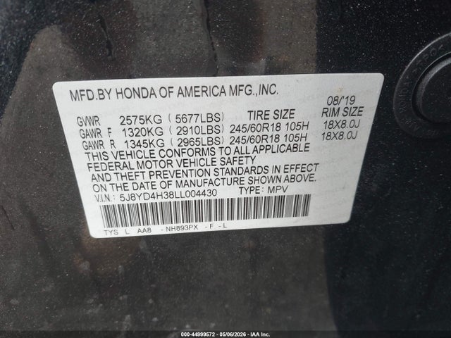 44999572 :رقم المزاد ، 5J8YD4H38LL004430 vin ، 2020 Acura Mdx Standard مزاد بيع