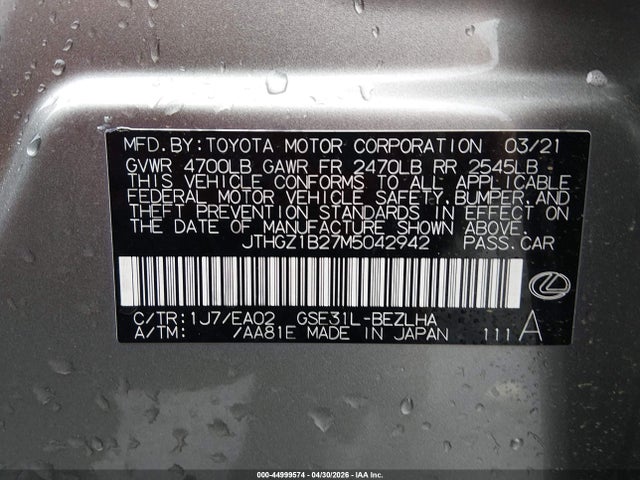 Aukcja sprzedaży 2021 Lexus Is 350 F Sport, vin: JTHGZ1B27M5042942, numer aukcji: 44999574