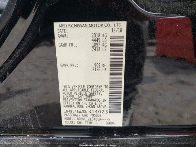 Продаж на аукціоні авто 2019 Nissan Altima 2.5 Sl, vin: 1N4BL4EW2KN314023, номер лоту: 44999578