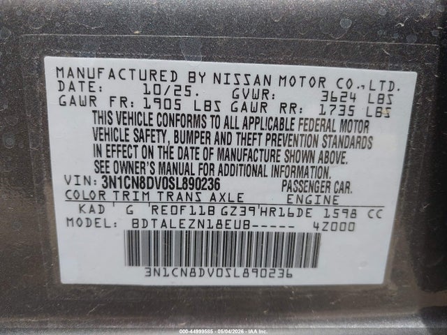 44999585 :رقم المزاد ، 3N1CN8DV0SL890236 vin ، 2025 Nissan Versa 1.6 S مزاد بيع