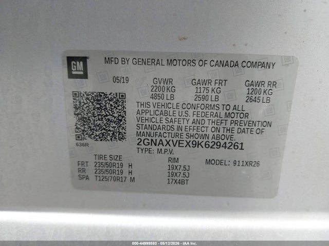 Продаж на аукціоні авто 2019 Chevrolet Equinox Lt, vin: 2GNAXVEX9K6294261, номер лоту: 44999593