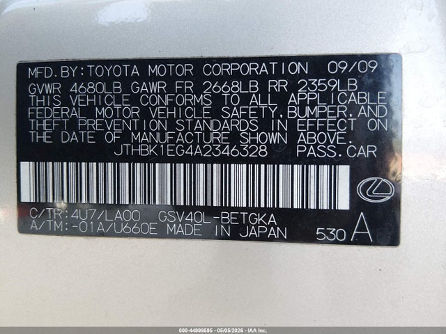 44999595 :رقم المزاد ، JTHBK1EG4A2346328 vin ، 2010 Lexus Es 350 مزاد بيع