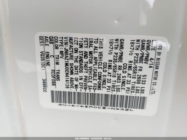 JN8AZ1MU0EW414126 Nissan MURANO SL