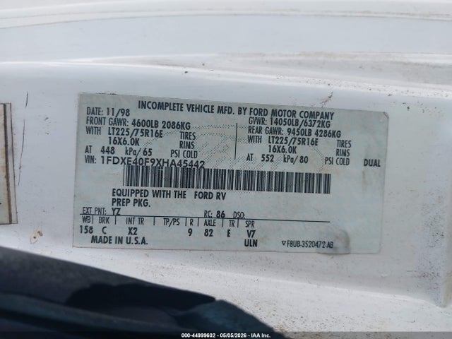 Aukcja sprzedaży 1999 Ford Econoline E450 Super Duty Cutwy  Rv, vin: 1FDXE40F9XHA45442, numer aukcji: 44999602