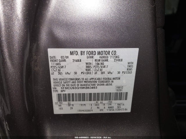 2009 Ford Escape Xlt მანქანა იყიდება აუქციონზე, vin: 1FMCU93G19KB63493, აუქციონის ნომერი: 44999603