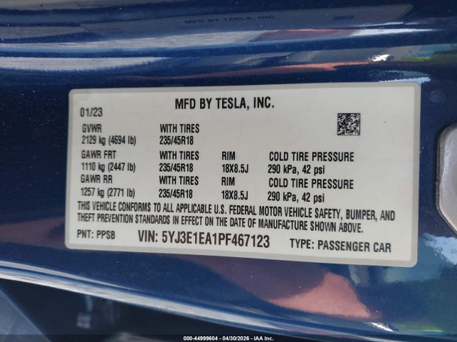 Продажа на аукционе авто 2023 Tesla Model 3 Rear-wheel Drive, vin: 5YJ3E1EA1PF467123, номер лота: 44999604