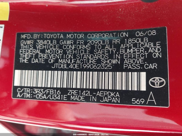2009 Toyota Corolla Le მანქანა იყიდება აუქციონზე, vin: JTDBL40E199062325, აუქციონის ნომერი: 44999605