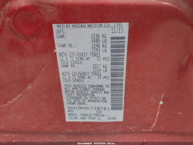 Продаж на аукціоні авто 2014 Nissan Rogue Sv, vin: 5N1AT2MTXEC758781, номер лоту: 44999606