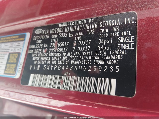 Продажа на аукционе авто 2017 Kia Sorento 2.4l Lx, vin: 5XYPG4A36HG299235, номер лота: 44999609