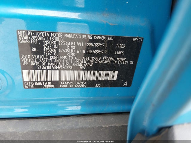 2021 Toyota Rav4 Xle მანქანა იყიდება აუქციონზე, vin: 2T3W1RFV9MW170373, აუქციონის ნომერი: 44999626