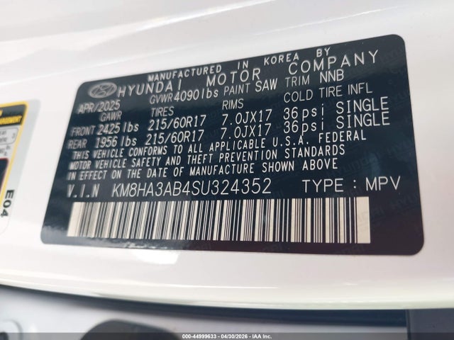 2025 Hyundai Kona Se მანქანა იყიდება აუქციონზე, vin: KM8HA3AB4SU324352, აუქციონის ნომერი: 44999633