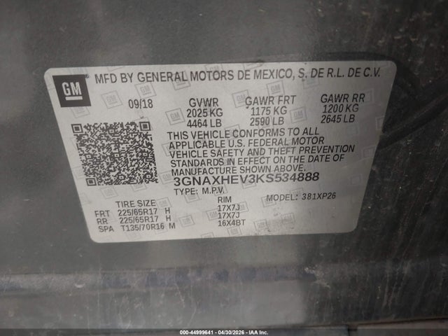 Aukcja sprzedaży 2019 Chevrolet Equinox Ls, vin: 3GNAXHEV3KS534888, numer aukcji: 44999641