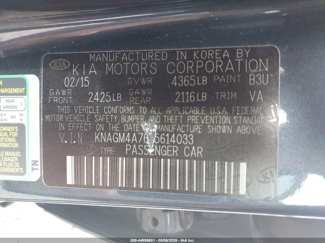 Aukcja sprzedaży 2015 Kia Optima Lx, vin: KNAGM4A76F5614033, numer aukcji: 44999651