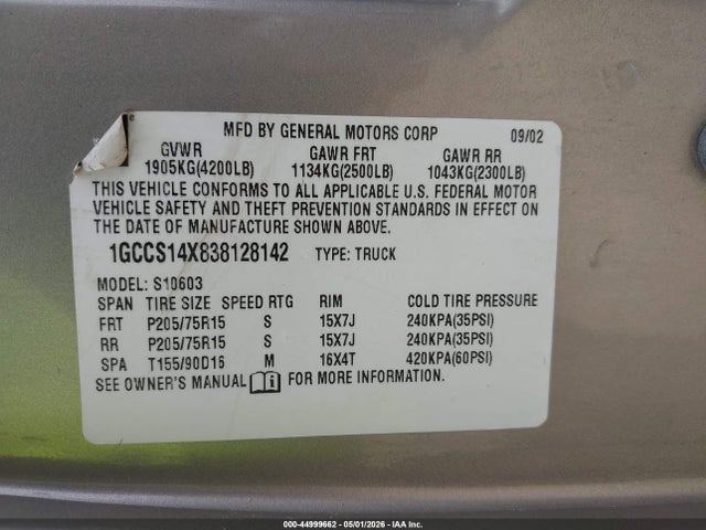 Продажа на аукционе авто 2003 Chevrolet S-10 Ls, vin: 1GCCS14X838128142, номер лота: 44999662