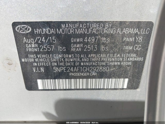 44999664 :رقم المزاد ، 5NPE24AF1GH292880 vin ، 2016 Hyundai Sonata Se مزاد بيع