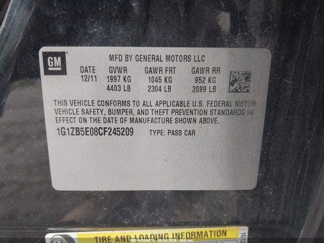 44999676 :رقم المزاد ، 1G1ZB5E08CF245209 vin ، 2012 Chevrolet Malibu Ls مزاد بيع